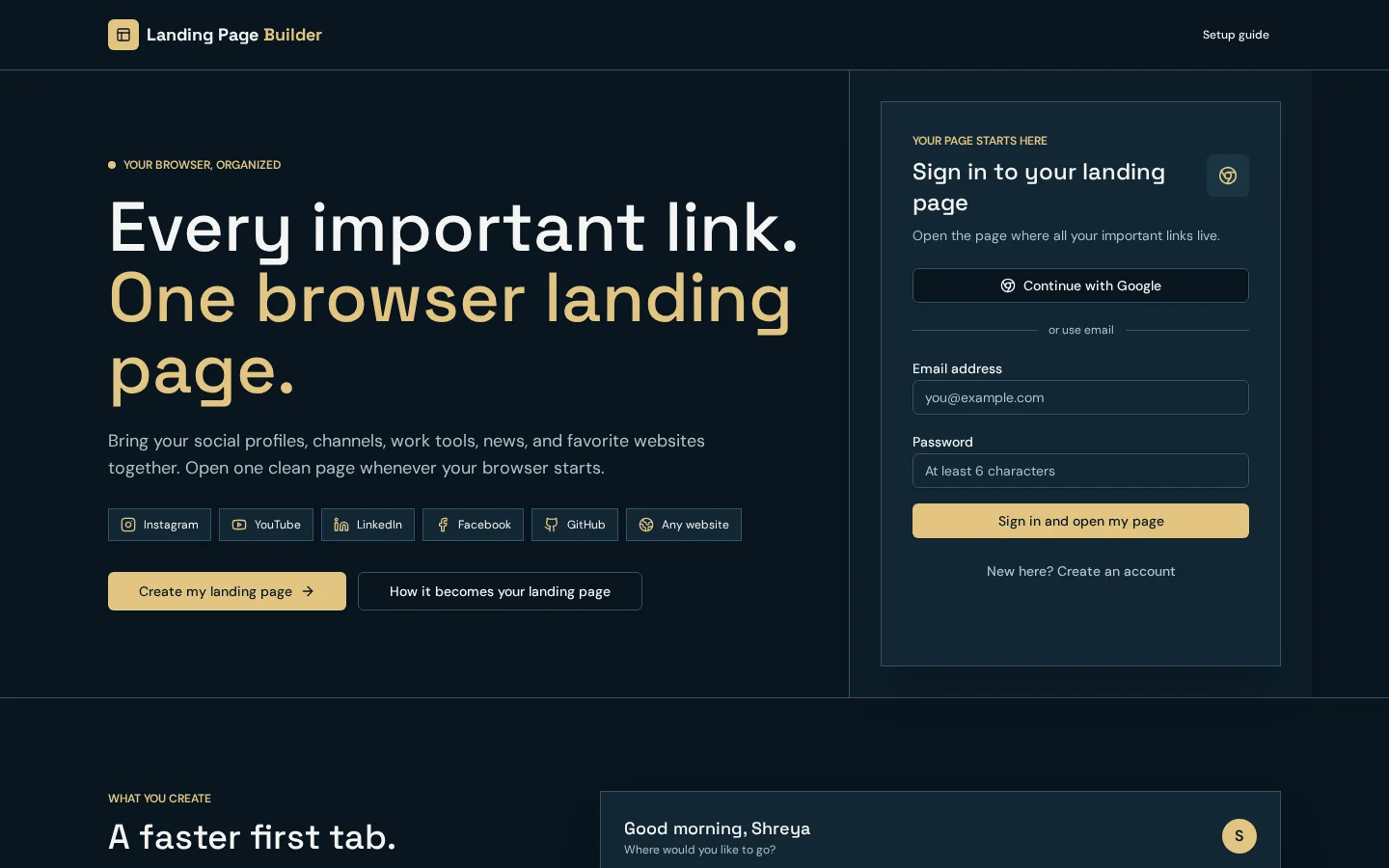 Landing Page Builder homepage showing its page creation and sign-in experience